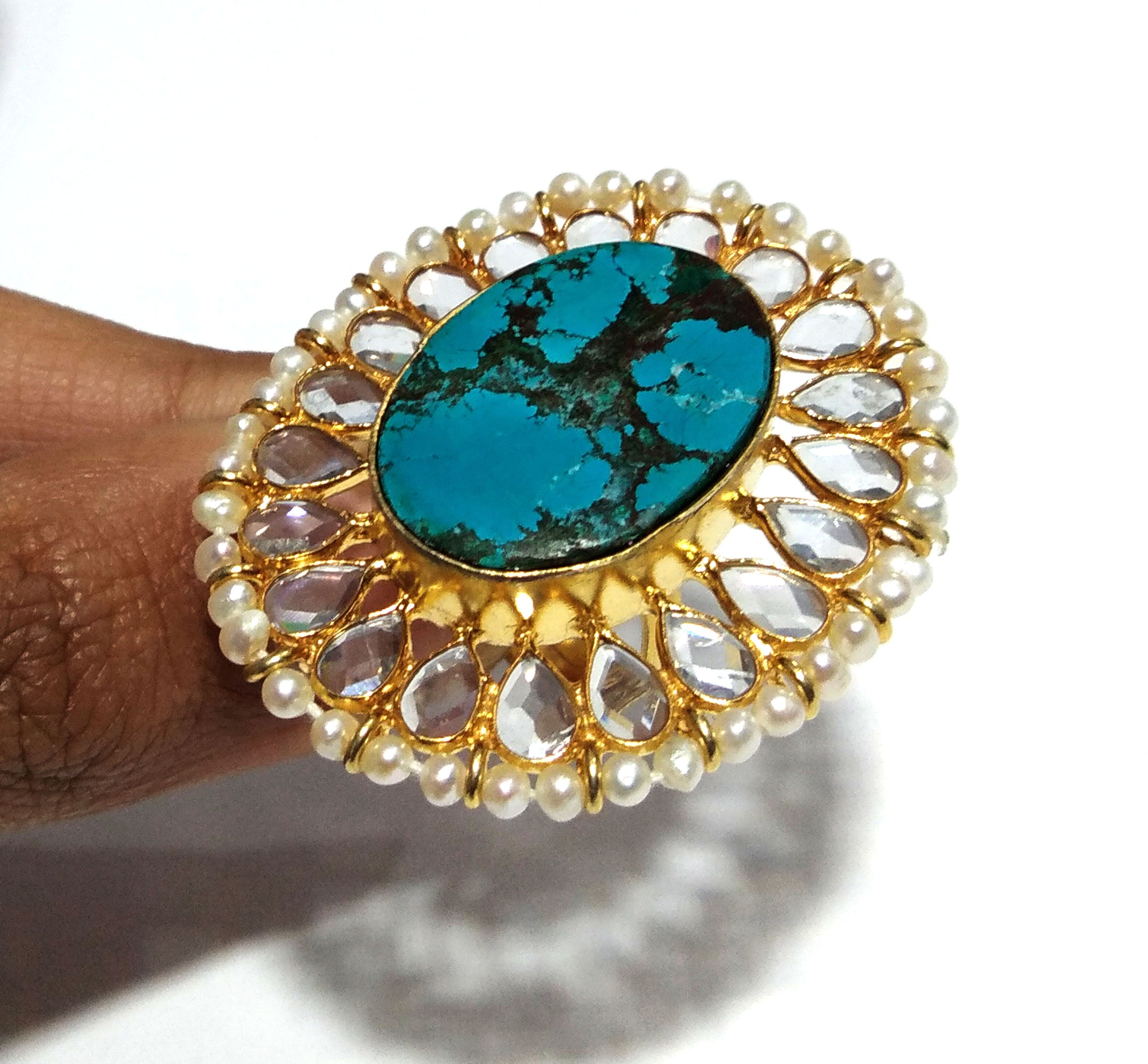 Natural Turquoise,Fresh Water Baroque Pearl,Zircon Stone Ring, 925 Solid Starling Silver Gold Plated Ring, Stone Size 24x17mm Handmade Ring